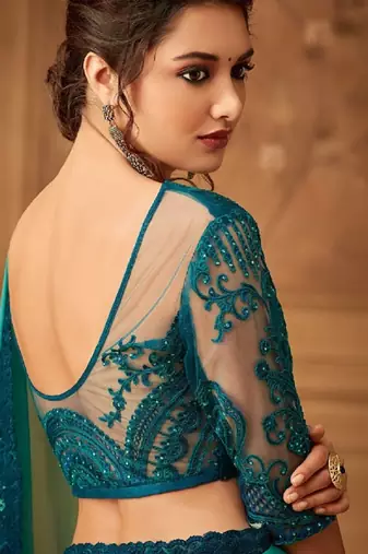 Green Silk Chiffon Stylish Embellished Saree,Sari Comes With Embroidered Blouse