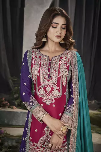 Rani Pink Chinon Embroidered Party Wear Salwar Kameez
