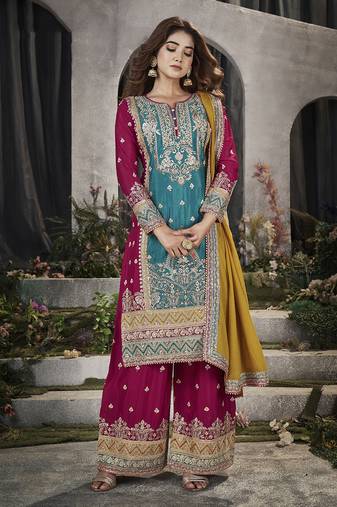 Turquoise Chinon Embroidered Party Wear Salwar Kameez