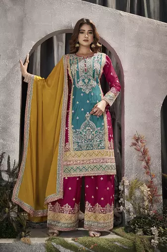 Turquoise Chinon Embroidered Party Wear Salwar Kameez