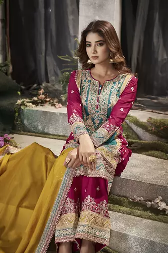 Turquoise Chinon Embroidered Party Wear Salwar Kameez