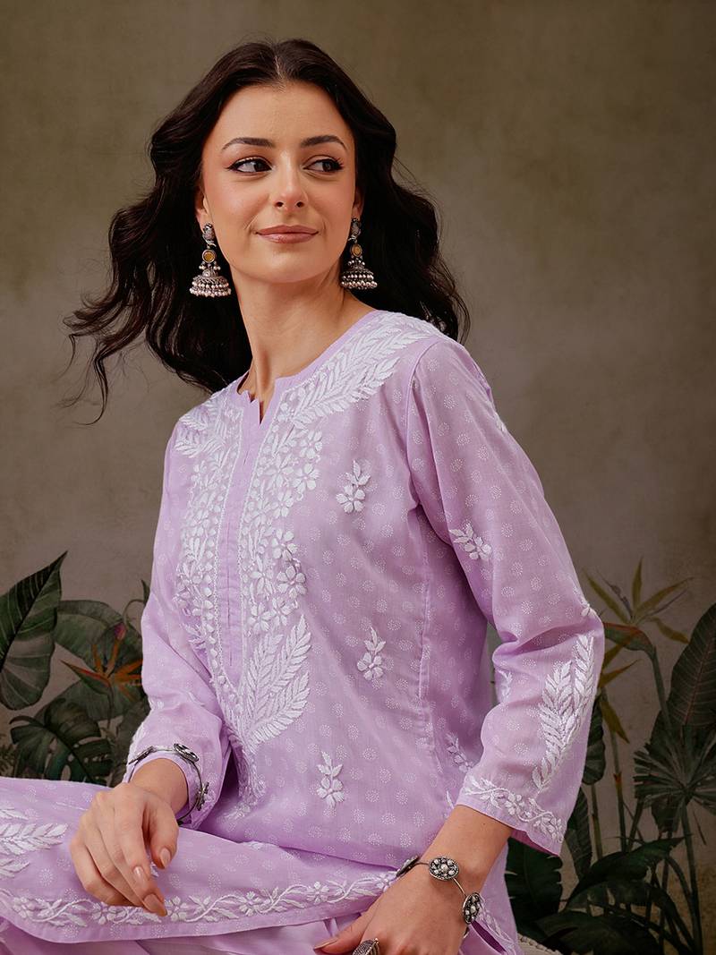Hand Embroidered Lavender Cotton Lucknowi Chikankari Co-Ord Set 
