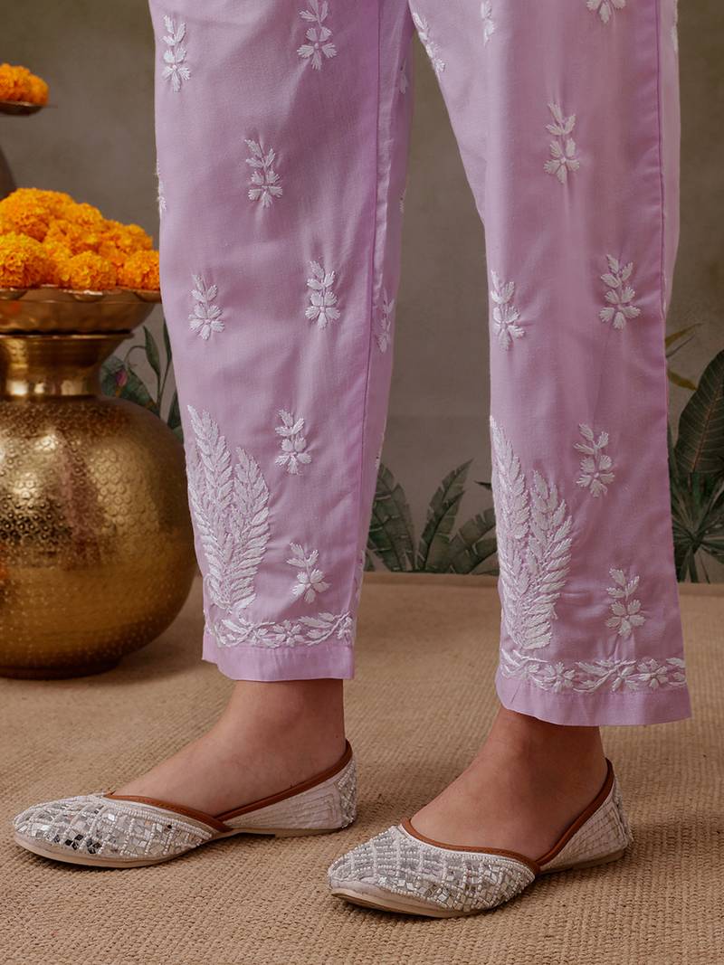 Hand Embroidered Lavender Cotton Lucknowi Chikankari Co-Ord Set 