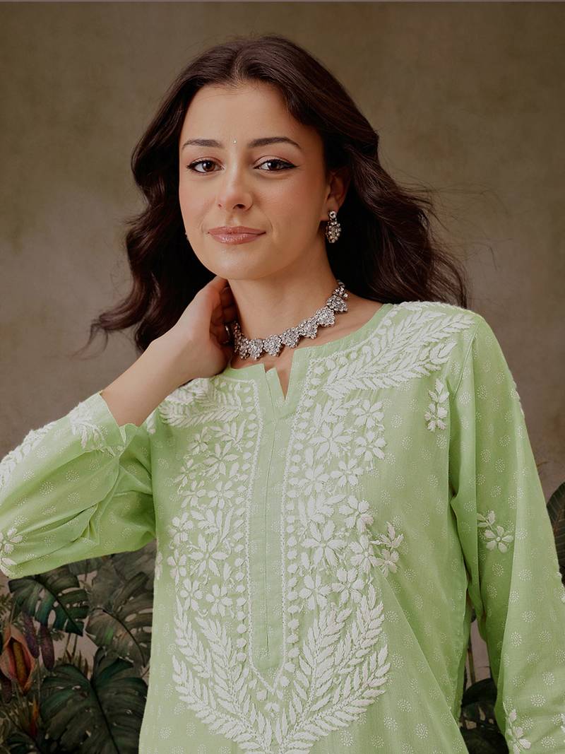 Hand Embroidered Liril Geen Cotton Lucknowi Chikankari Co-Ord Set 