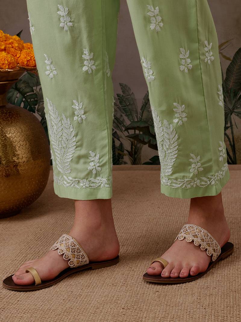Hand Embroidered Liril Geen Cotton Lucknowi Chikankari Co-Ord Set 