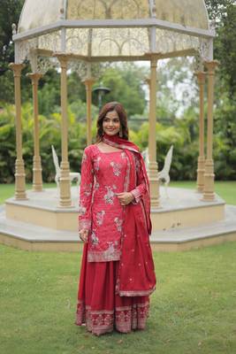 MAROON DESIGNER READYMADE KURTI-PLAZOO-DUPATTA WITH CHINNON PRINTED & SEQUINS EMBROIDERED WORK  1