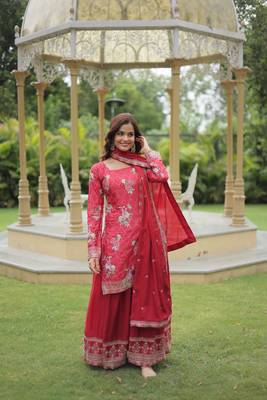 MAROON DESIGNER READYMADE KURTI-PLAZOO-DUPATTA WITH CHINNON PRINTED & SEQUINS EMBROIDERED WORK  3