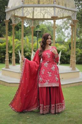 MAROON DESIGNER READYMADE KURTI-PLAZOO-DUPATTA WITH CHINNON PRINTED & SEQUINS EMBROIDERED WORK  4