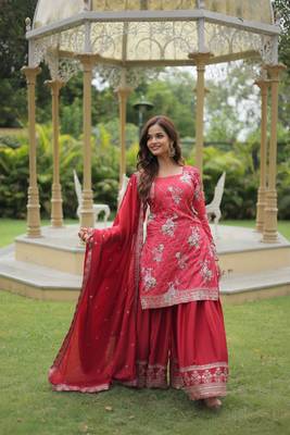 MAROON DESIGNER READYMADE KURTI-PLAZOO-DUPATTA WITH CHINNON PRINTED & SEQUINS EMBROIDERED WORK  5