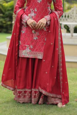 MAROON DESIGNER READYMADE KURTI-PLAZOO-DUPATTA WITH CHINNON PRINTED & SEQUINS EMBROIDERED WORK  6