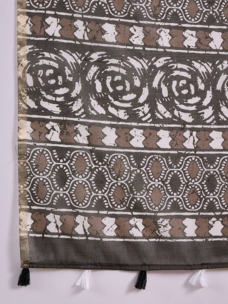 women grey linen dabu printed saree