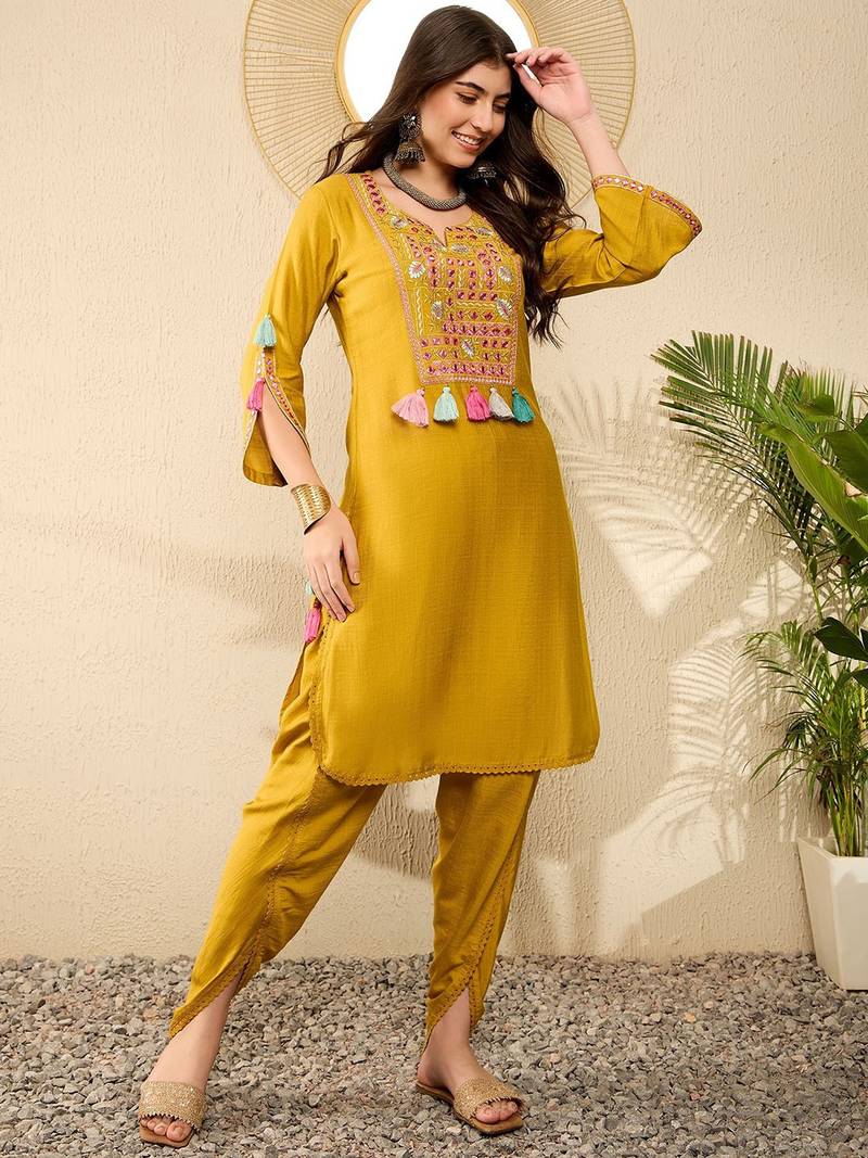 Women Mustard color viscose rayon thread work fancy kurta and bottom set