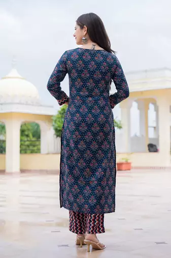 women navy blue rayon blend floral printed straight kurta trouser with dupatta