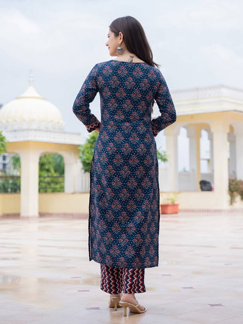 women navy blue rayon blend floral printed straight kurta trouser with dupatta