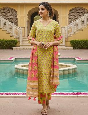 women yellow rayon blend floral printed straight kurta trouser with dupatta 6