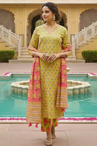women yellow rayon blend floral printed straight kurta trouser with dupatta
