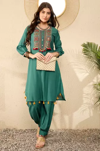 Women Teal color viscose rayon thread work fancy kurta and bottom set
