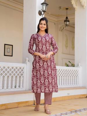 maroon rayon blend ethnic motifs printed straight kurta trouser with dupatta 6
