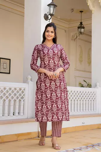 maroon rayon blend ethnic motifs printed straight kurta trouser with dupatta