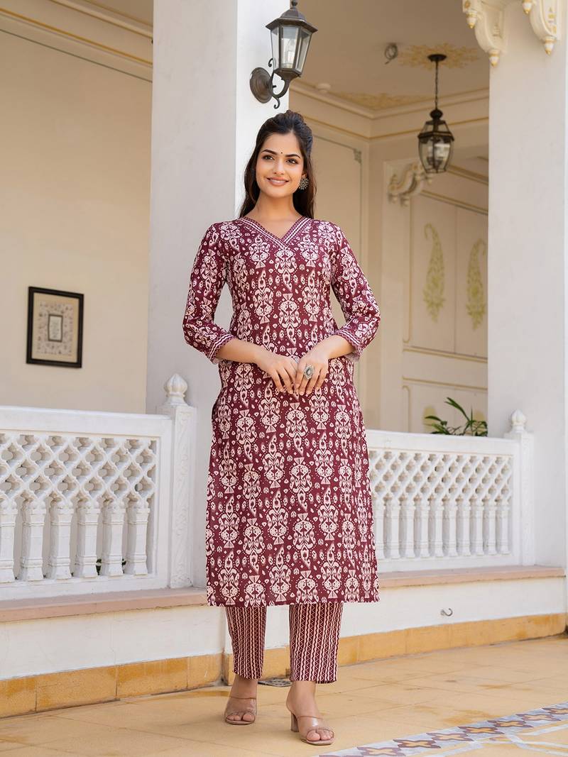 maroon rayon blend ethnic motifs printed straight kurta trouser with dupatta