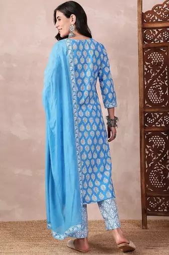 women blue rayon blend floral printed straight kurta trouser with dupatta
