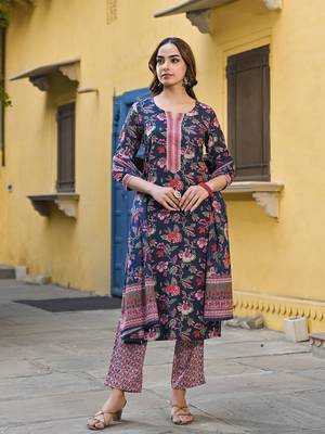 Navy blue printed cotton blend fancy straight trousers with dupatta 1