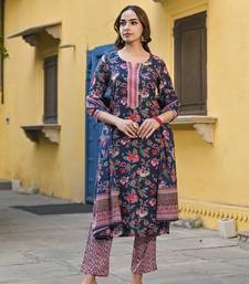 Navy blue printed cotton blend fancy straight trousers with dupatta