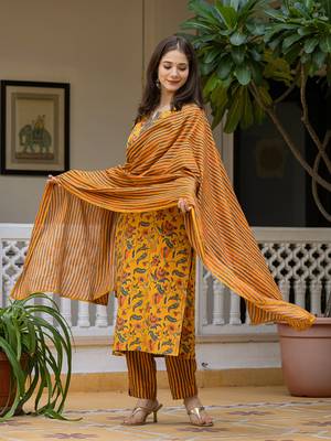Yellow printed cotton blend fancy straight trousers with dupatta 6