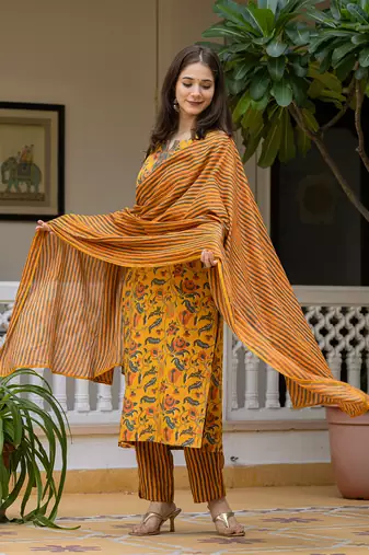 Yellow printed cotton blend fancy straight trousers with dupatta