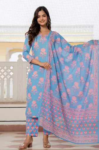 Blue printed cotton blend fancy straight trousers with dupatta