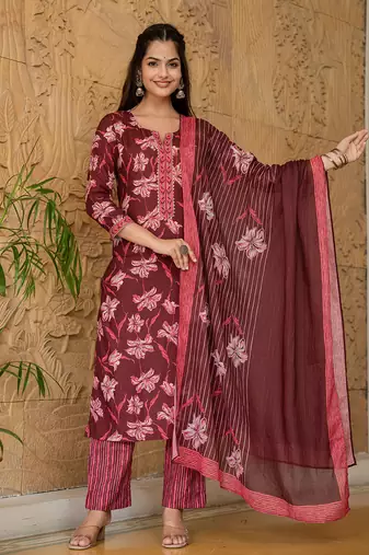 Maroon printed cotton blend fancy straight trousers with dupatta