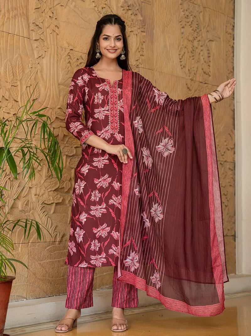 Maroon printed cotton blend fancy straight trousers with dupatta