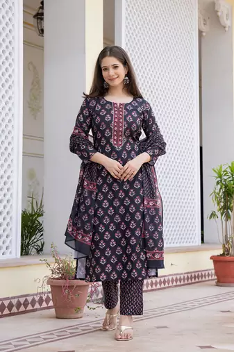 Women Black color cotton blend printed fancy flared kurta trousers with dupata