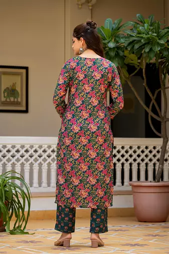 Women Green color cotton blend printed work fancy kurta bottom and dupatta set