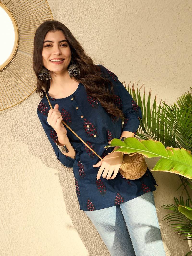 women navy blue cotton blend ethnic motifs printed regular tunic