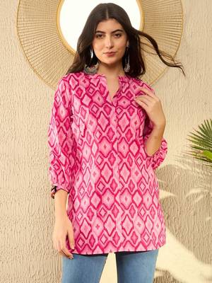 women pink cotton blend ikat printed regular tunic 1