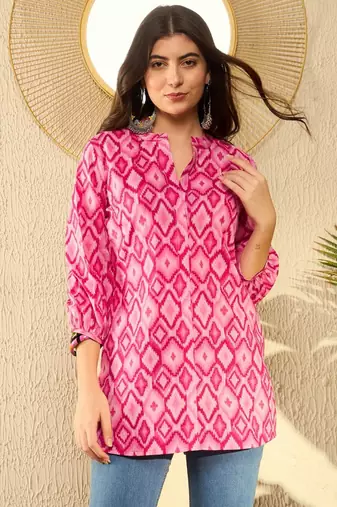 women pink cotton blend ikat printed regular tunic