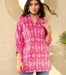 women pink cotton blend ikat printed regular tunic
