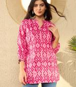 women pink cotton blend ikat printed regular tunic