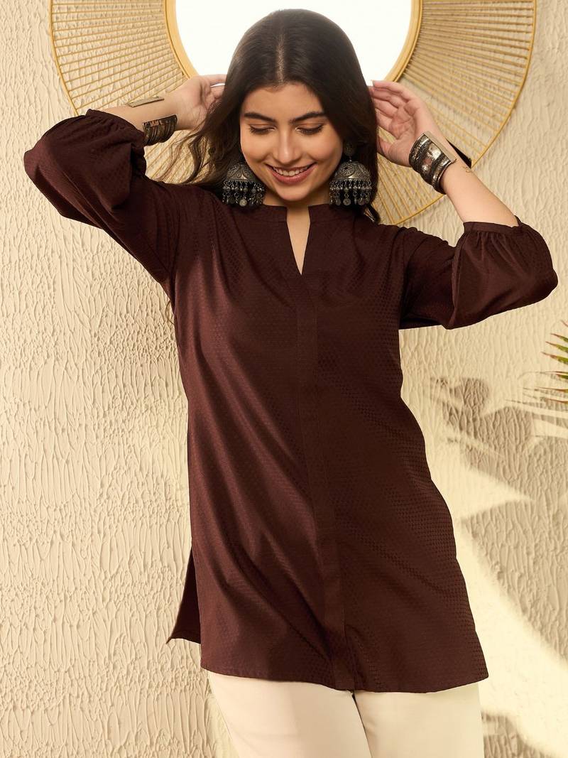 women brown polyester solid solid regular tunic