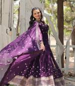 Purple georgette sequins zari embroidered flaried gown with heavy dupatta