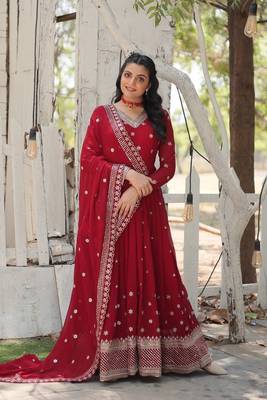 Maroon georgette sequins zari embroidered flaried gown with heavy dupatta 1