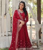 Maroon georgette sequins zari embroidered flaried gown with heavy dupatta