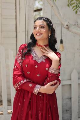 Maroon georgette sequins zari embroidered flaried gown with heavy dupatta 2
