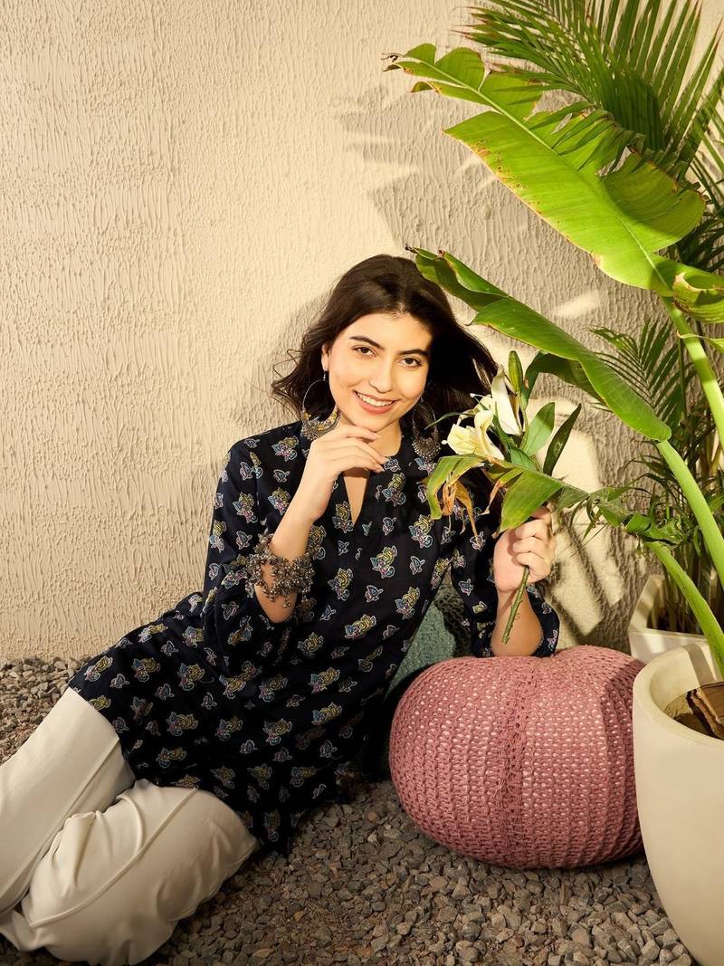 Ahika women navy blue cotton blend ethnic motifs printed regular tunic