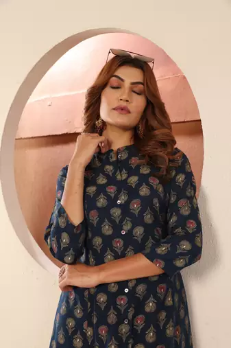 Blue viscosee muslin printed with pocket formal classy kurti