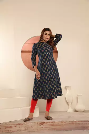 Blue viscosee muslin printed with pocket formal classy kurti