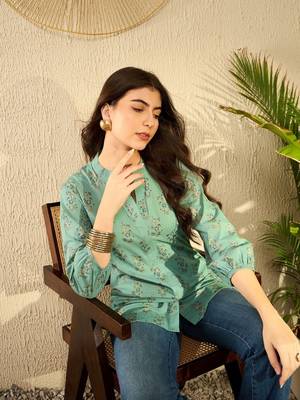women sea green cotton blend floral printed regular tunic 8