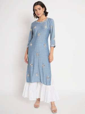 Blue viscose fabric designer embroidery work beautiful ceremonial dress 1