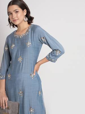 Blue viscose fabric designer embroidery work beautiful ceremonial dress 3
